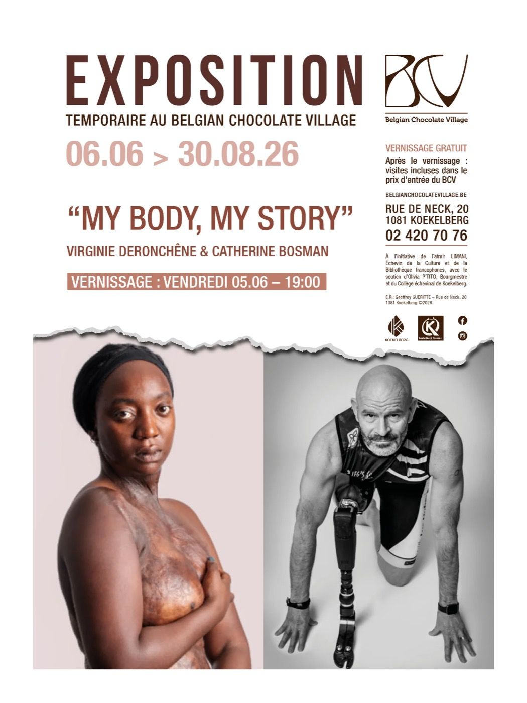 Affiche de l'exposition My Body My Story au Belgian Chocolate Village, juin à août 2026